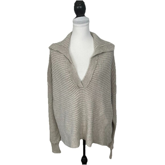 Free People Sweater Top Size M Beige Hi Low Hem V Neck Chunky Knit Cropped Top - Picture 11 of 11